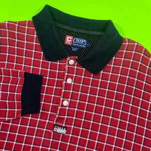 Chaps Ralph Lauren‎ Mens Red Grid Check Long Sleeve Polo Shirt Large Vintage